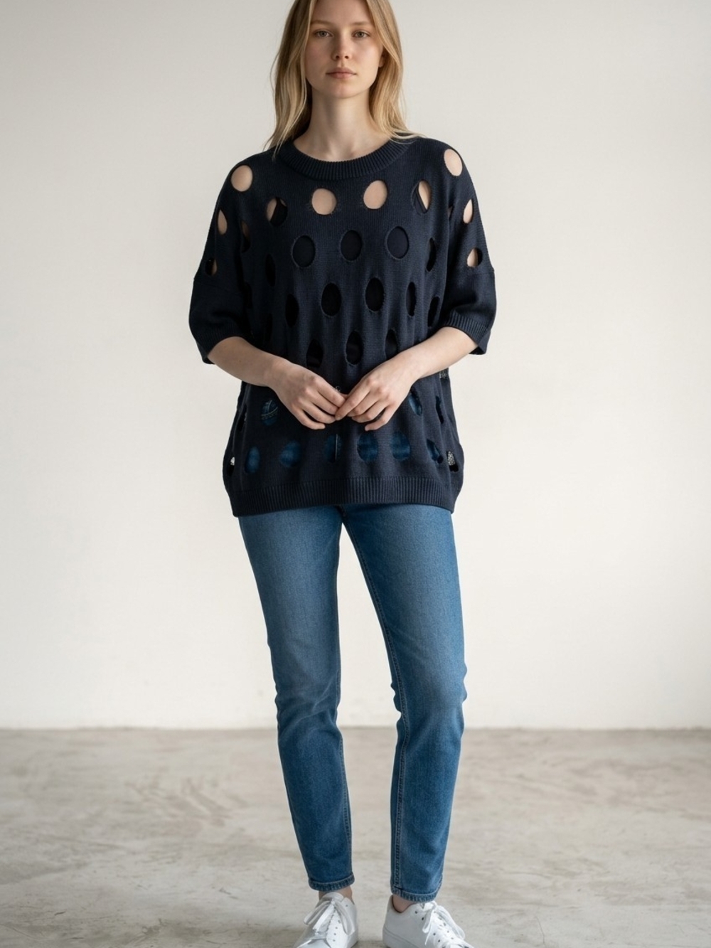 Oversized Black Hole-Punch Knit Sweater